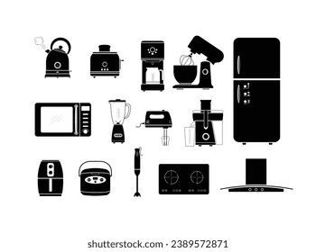 Kitchen appliances set silhouett illustration flat vector. Set of 14 kitchen electric utensil icons isolated on white background. Kitchen concept. Kitchen appliances, gadgets, devices. Kitchenwares