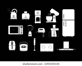 Kitchen appliances set silhouett illustration flat vector. Set of 14 kitchen electric utensil icons isolated on black background. Kitchen concept. Kitchen appliances, gadgets, devices. Kitchenwares