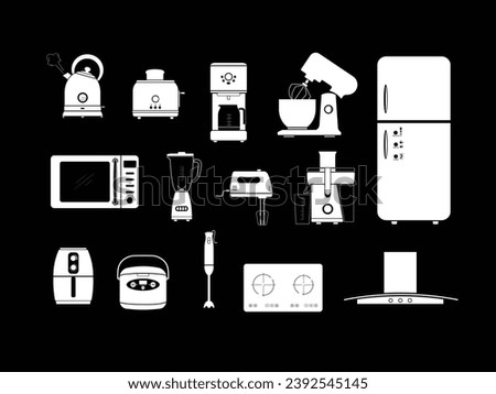 Kitchen appliances set silhouett illustration flat vector. Set of 14 kitchen electric utensil icons isolated on black background. Kitchen concept. Kitchen appliances, gadgets, devices. Kitchenwares