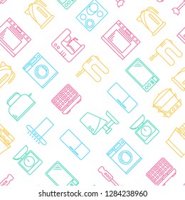 Kitchen Appliances Signs Thin Line Seamless Pattern Background on a White Include of Kettle, Mixer, Blender, Toaster and Oven. Vector illustration