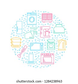 Kitchen Appliances Signs Thin Line Round Design Template Include of Kettle, Mixer, Blender, Toaster and Oven. Vector illustration
