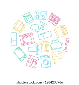 Kitchen Appliances Signs Thin Line Round Design Template Ad Include of Kettle, Mixer, Blender, Toaster and Oven. Vector illustration