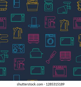 Kitchen Appliances Signs Thin Line Seamless Pattern Background Include of Kettle, Mixer, Blender, Toaster and Oven. Vector illustration