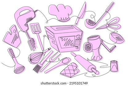 Aparatos de cocina en una sola línea con una silueta rosa sobre un aislante blanco. Equipado con accesorios para cocinar, electrodomésticos y cubiertos. Gráficos vectoriales para banner de internet, descuentos.