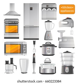 Kitchen appliances that can bake, heat meals, blend substances, mince meet, keep products fresh and mix ingredients vector illustrations.