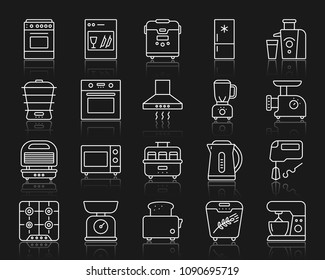 Kitchen Appliances thin line icons set. Outline web sign kit of equipment Vector Illustration. Kitchen Appliances linear icon collection includes blender, juicer, toaster Simple symbol with reflection