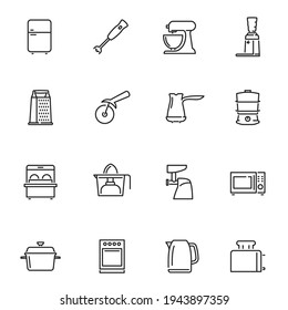 Kitchen appliances thin line icons set isolated on white. Refrigerator, mixer, blender pictograms collection. Grater, coffee maker, juicer, microwave oven, stove vector elements for infographic, web.