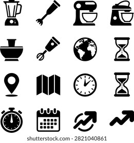 kitchen appliances and time management blender mixer food processor clock hourglass globe vector icons set