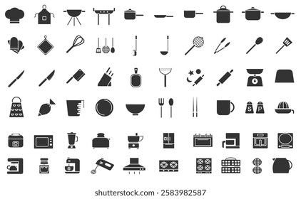 kitchen appliances utensil tools equipment icon set, icon, icons, sign, symbol vector illustration element of kitchenware object fill style 