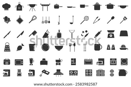 kitchen appliances utensil tools equipment icon set, icon, icons, sign, symbol vector illustration element of kitchenware object fill style 