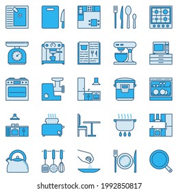 Kitchen Appliances, Utensils and other objects for Cooking modern blue vector concept icons or design elements