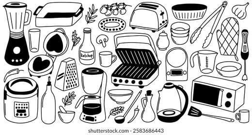 Kitchen appliances and utensils vector doodle set. Cooking elements and dish hand drawn set