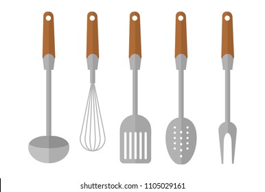 kitchen appliances and utensils, vector flat isolated illustration ladle, mixer, spoon, fork