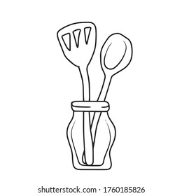 .Kitchen appliances .Vector design, illustration for postcard banners.There is a spatula and ladle in a glass jar.