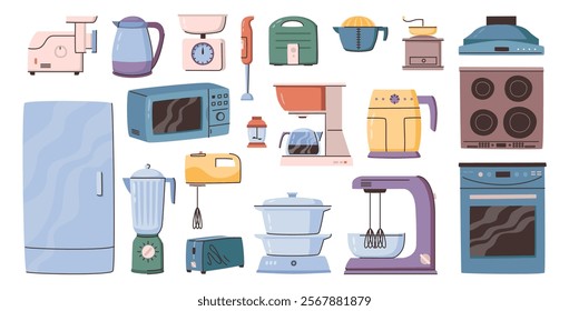 Kitchen appliances. Vector extractor hood, meat grinder and refrigerator, scales and electric kettle, blender and toaster, mixer and coffee grinder, steamer and pressure cooker, hob and gas oven