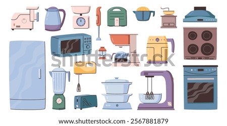 Kitchen appliances. Vector extractor hood, meat grinder and refrigerator, scales and electric kettle, blender and toaster, mixer and coffee grinder, steamer and pressure cooker, hob and gas oven