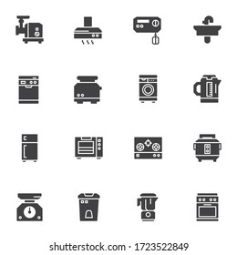Kitchen appliances vector icons set, modern solid symbol collection, filled style pictogram pack. Signs, logo illustration. Set includes icons as electric meat grinder, mixer, teapot, kitchen scales
