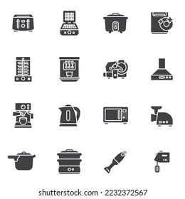 Kitchen appliances vector icons set, modern solid symbol collection, filled style pictogram pack. Signs, logo illustration. Set includes icons as toaster, dishwasher, electric mixer, coffee machine