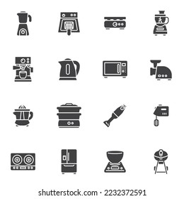 Kitchen appliances vector icons set, modern solid symbol collection, filled style pictogram pack. Signs logo illustration. Set includes icons as coffee machine, microwave, electric mixer, meat grinder