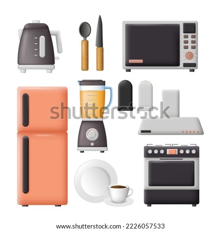 Kitchen appliances. Vector set of household electric appliances and utensils. Microwave, fridge, kettle, blender, oven