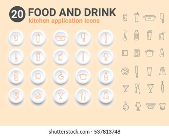 kitchen application icons vector set, food and drink