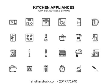 Kitchen appliences vector icon set. Editable stroke. House equipment illustration. Microwave, oven, stove, refrigerator, mixer, kettle, thermometer, timer, toaster and etc. Minimal linear design.