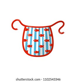 Kitchen apron with blue stripes and red fishes. Flat vector element for advertising poster or flyer of household goods store