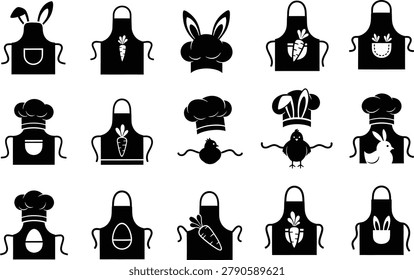 Kitchen apron chef hat silhouette collection with easter bunny carrot themes