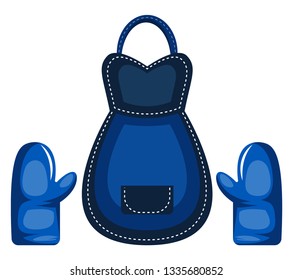 Kitchen apron and gloves set in blue color worth blue pockets thread to tie the apron vector color drawing or illustration.