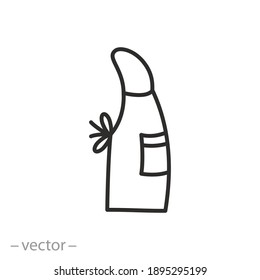 ícono de delantal de cocina, uniforme de carnicero o chef, bib de camarero o panadero, símbolo de línea delgada sobre fondo blanco - ilustración de vector de trazo editable eps10