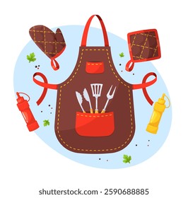 Kitchen apron with kitchen items. Cooking supplies and accessories, mustard and ketchup. Grill equipment for preparation food, cutlery object. Cartoon flat style isolated vector concept