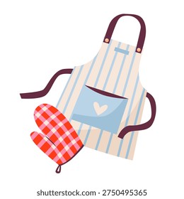 Kitchen apron with pocket and oven mitt glove, cozy baking and cooking concept for homemade kitchen activities. Flat vector illustration.