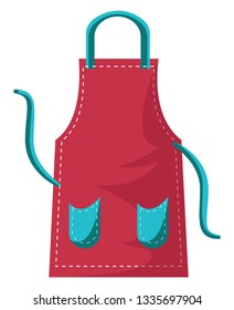 El delantal de la cocina en color rojo que vale el hilo de los bolsillos azules para atar el dibujo o ilustración del color del vector del delantal.