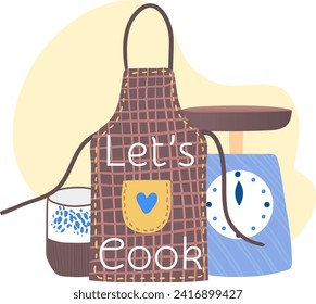 Kitchen apron, rolling pin, oven mitt, and cookbook. Home baking tools vector illustration. Baking concept with cooking utensils vector illustration.