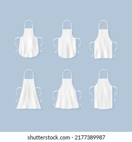 Juego de delantales de cocina. Colección de ropa blanca de plantilla para cocinar. Cook uniforme o accesorio de ama de casa aislado en fondo azul. 3.ª ilustración vectorial