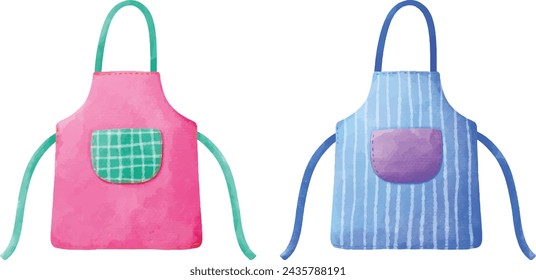 Kitchen apron set watercolor style vector illustration isolated on white background. Clothing for kitchen cooking cartoon drawing. 