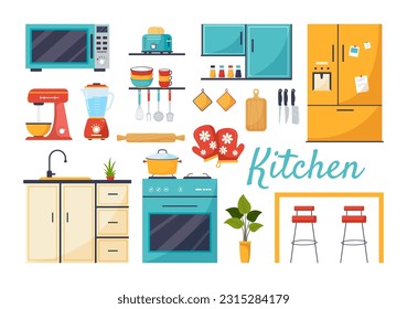 Vector de arquitectura de cocina Ilustración con muebles e interiores como mesa, estufa y nevera en plantillas de fondo dibujadas a mano de dibujos planos