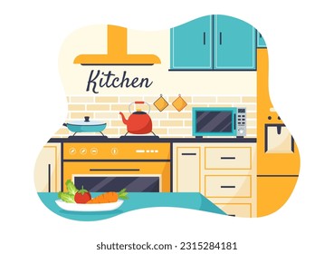 Kitchen Architecture Vector Illustration with Furniture and Interior such as Table, Stove and Fridge in Flat Cartoon Hand Drawn Background Templates