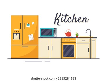 Kitchen Architecture Vector Illustration with Furniture and Interior such as Table, Stove and Fridge in Flat Cartoon Hand Drawn Background Templates