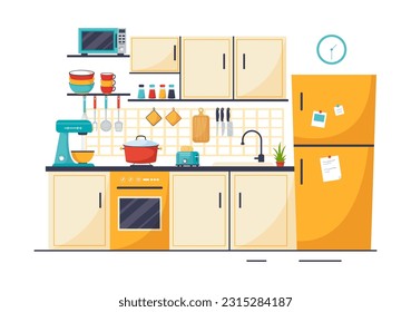 Kitchen Architecture Vector Illustration with Furniture and Interior such as Table, Stove and Fridge in Flat Cartoon Hand Drawn Background Templates