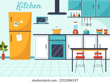 Kitchen Architecture Vector Illustration with Furniture and Interior such as Table, Stove and Fridge in Flat Cartoon Hand Drawn Background Templates