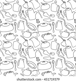 Kitchen art design vector illustration. Seamless black and white pattern. Cookware: kettle, coffee pot, frying pan, cup, spoon, sugar bowl, fork, ladle. Hand drawn doodle design elements.