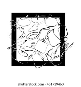 Kitchen art design vector illustration. Black and white pattern. Cookware: kettle, coffee pot, frying pan, cup, spoon, sugar bowl, fork, ladle. Separate objects. Hand drawn doodle design elements.