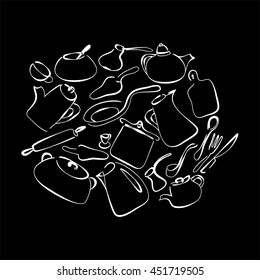 Kitchen art design vector illustration. Black and white pattern. Cookware: kettle, coffee pot, frying pan, cup, spoon, sugar bowl, fork, ladle. Separate objects. Hand drawn doodle design elements.