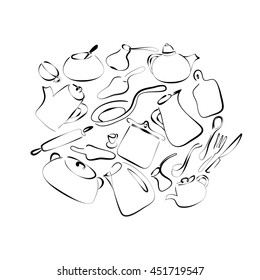 Kitchen art design vector illustration. Black and white pattern. Cookware: kettle, coffee pot, frying pan, cup, spoon, sugar bowl, fork, ladle. Separate objects. Hand drawn doodle design elements.