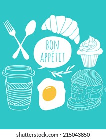 Kitchen art print. Hand drawn food set. Cute vector illustrations