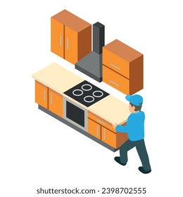 Kitchen assembly icon isometric vector. Furniture assembler near builtin kitchen. New furniture, renovation concept