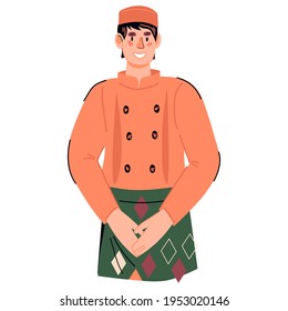 Asistente de cocina o cocinero en restaurante uniforme caricatura masculina, ilustración vectorial plana aislada en fondo blanco. El personal de la cocina del restaurante.