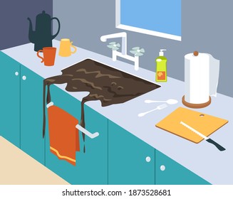 Kitchen with a backed-up sink and slime coming out of pipes,  EPS 8 vector illustration