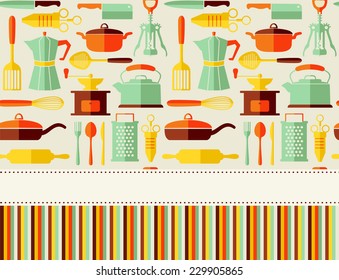 Kitchen background with bright flat icons and with place for text. Retro styled menu.